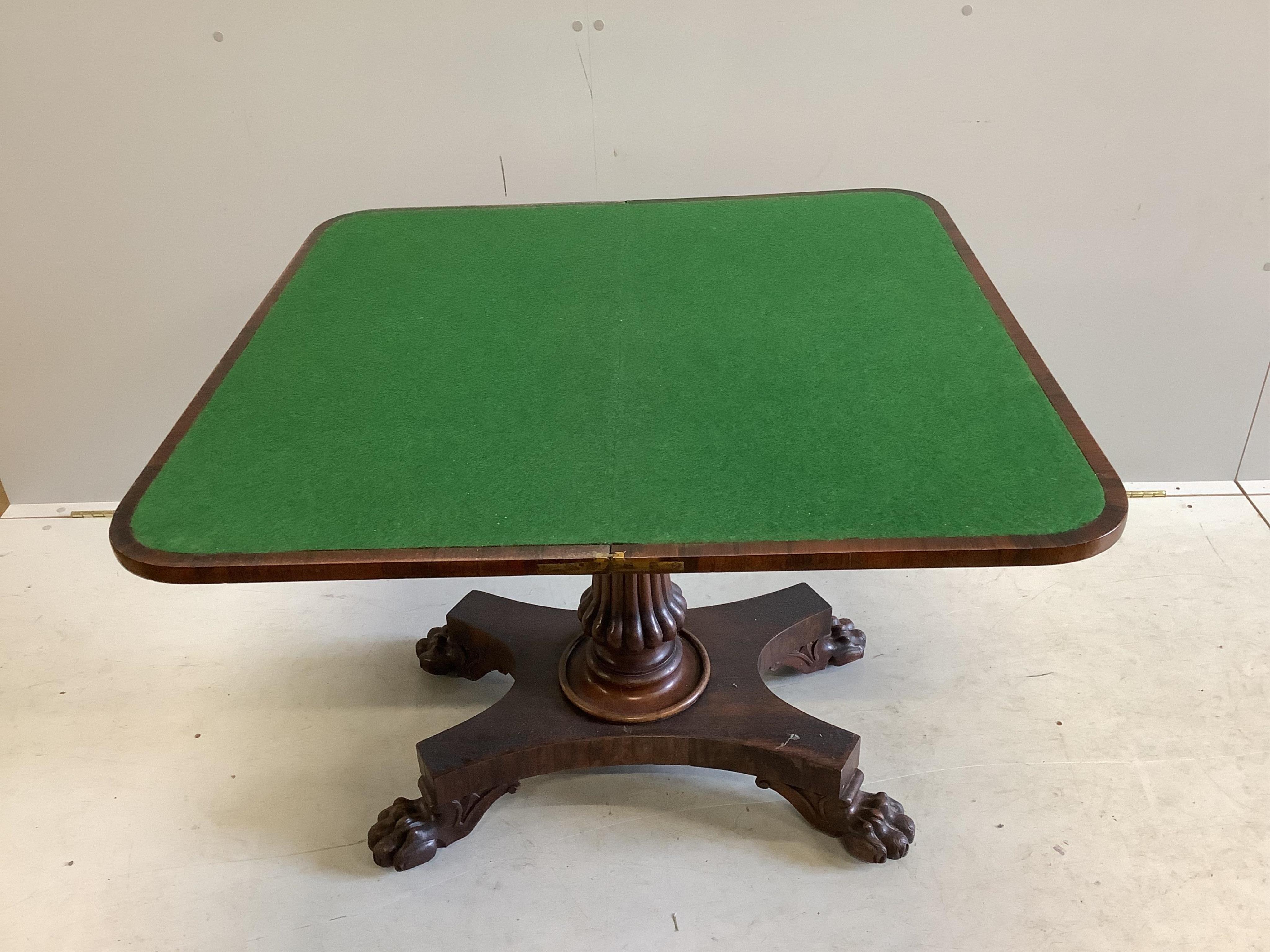 An early Victorian rectangular rosewood folding card table, width 91cm, depth 46cm, height 71cm. Condition - fair